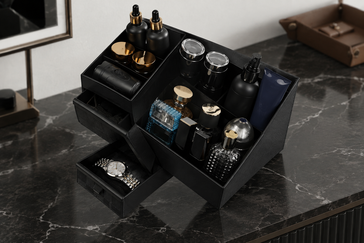 Organizador de colonias y perfumes para hombre con cajones.