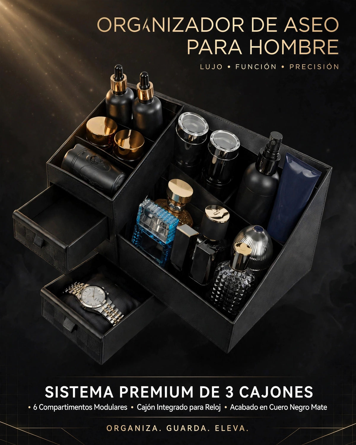 Organizador de colonias y perfumes para hombre con cajones.