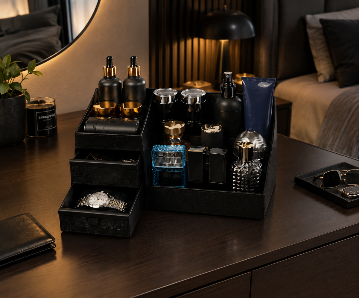 Organizador de colonias y perfumes para hombre con cajones.