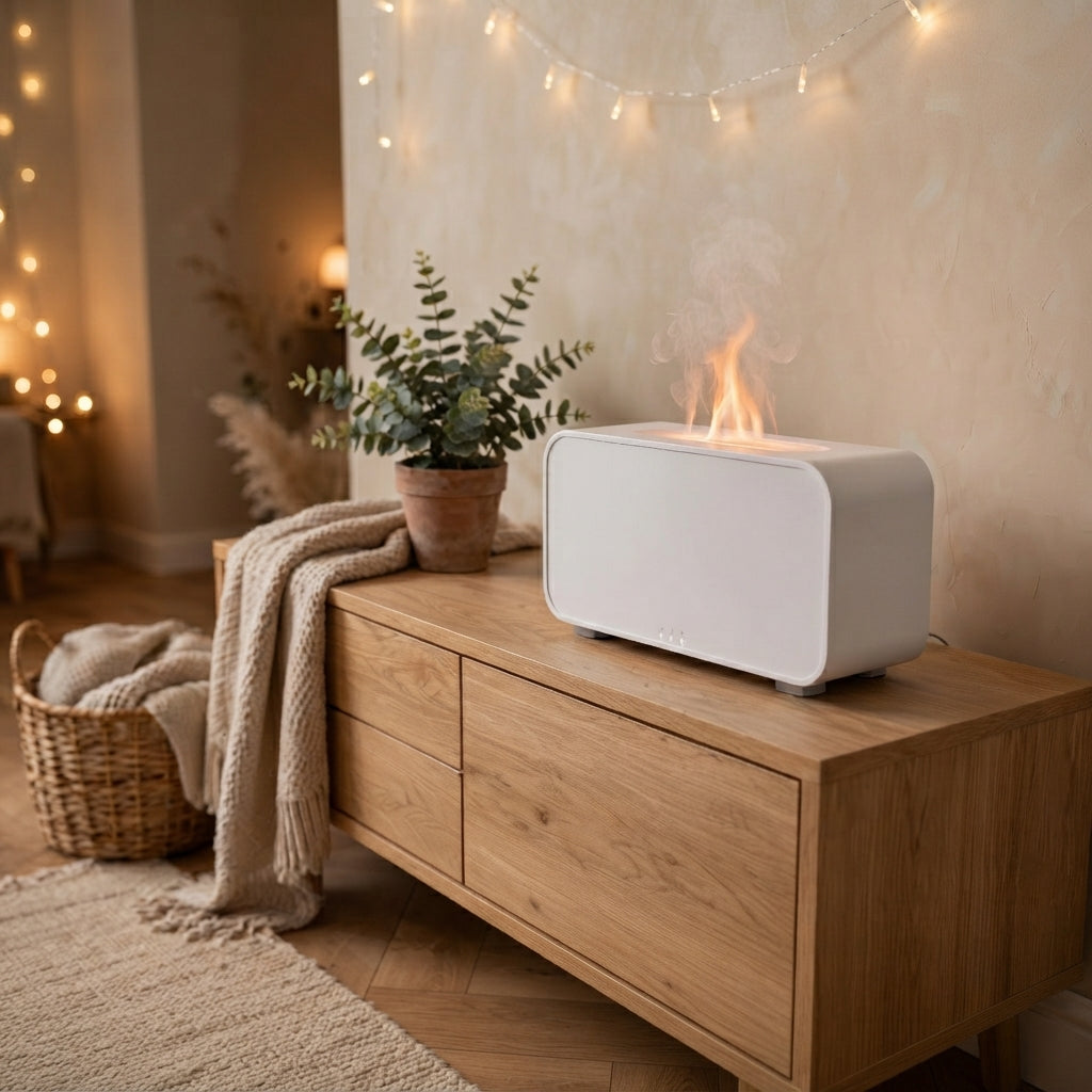 Humidificador y difusor de aroma mini con luz LED y efecto llama.