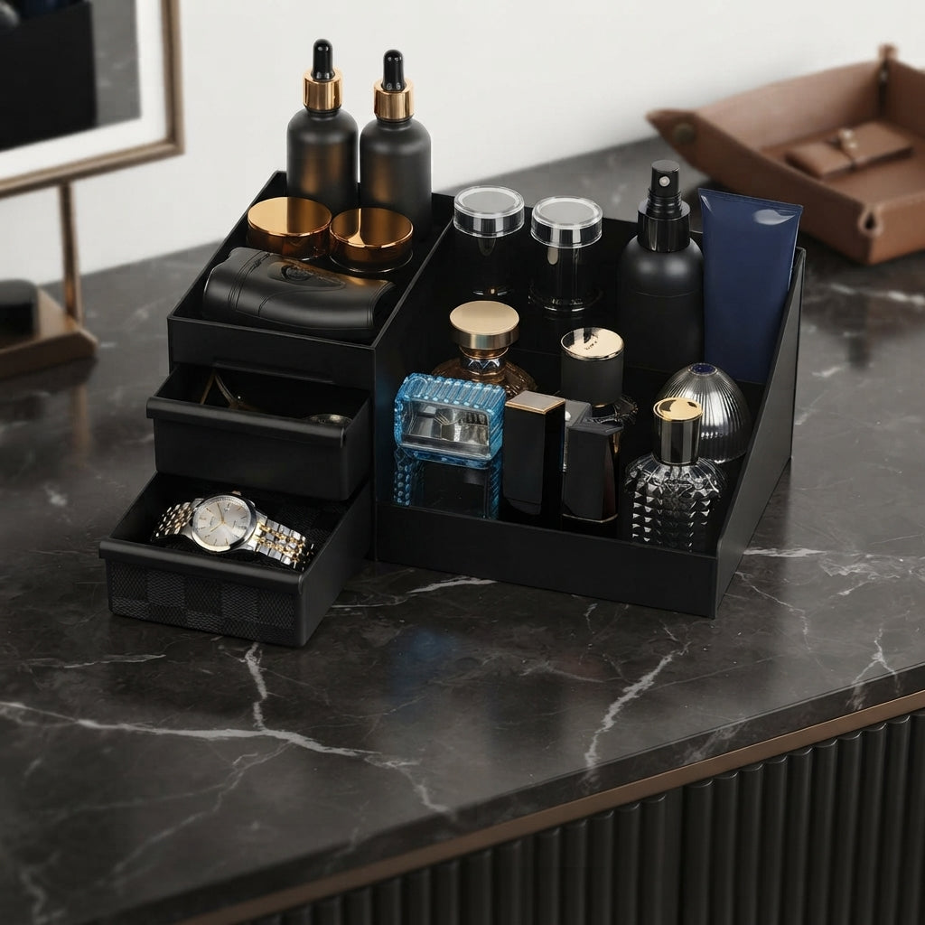 Organizador de colonias y perfumes para hombre con cajones.