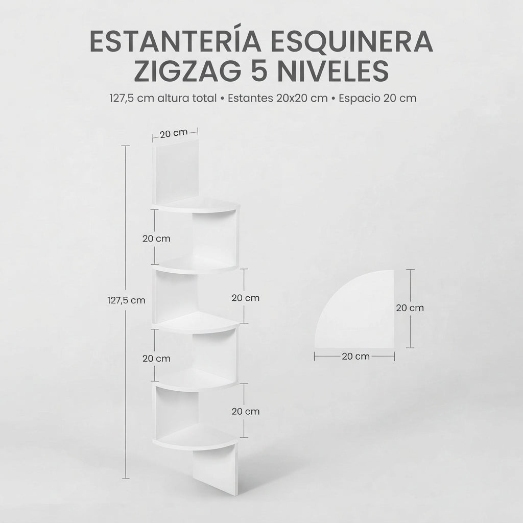 Estantería esquinera flotante de 5 niveles.