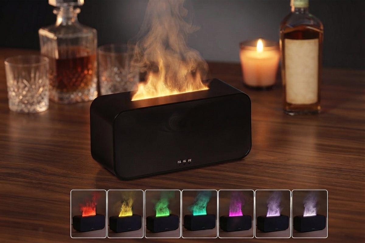 Humidificador y difusor de aroma mini con luz LED y efecto llama.