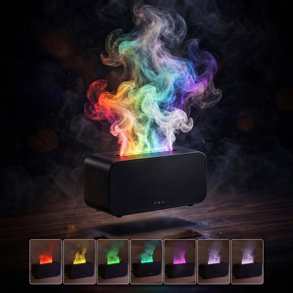 Humidificador y difusor de aroma mini con luz LED y efecto llama.