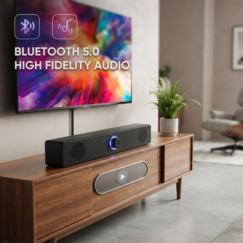 Barra de sonido portátil e inalámbrica con conectividad Bluetooth y por cable.