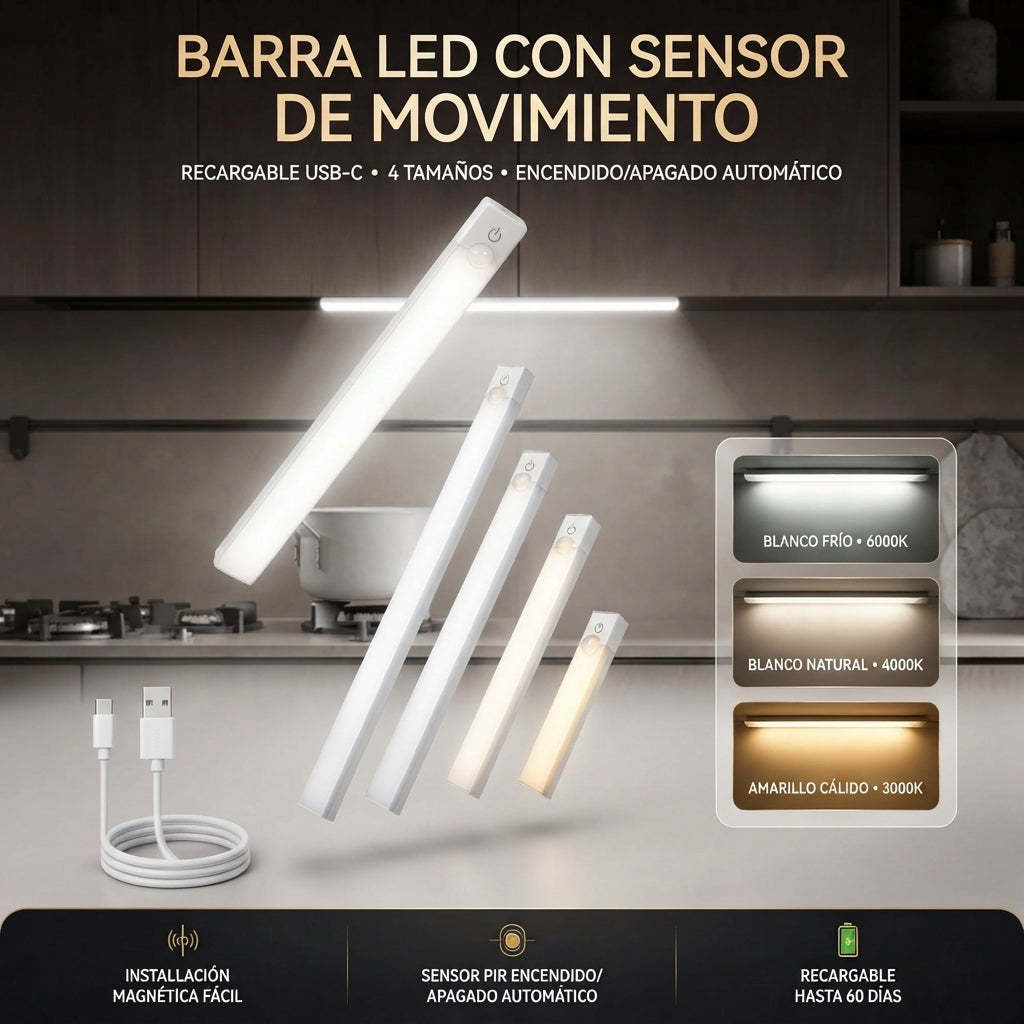 Barra de luz LED inalámbrica con sensor de movimiento, recargable y magnética.