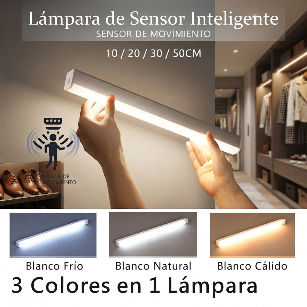 Barra de luz LED inalámbrica con sensor de movimiento, recargable y magnética.
