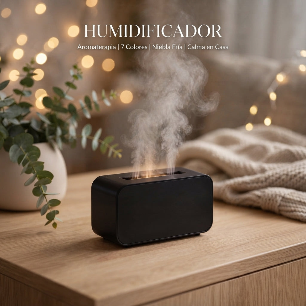 Humidificador y difusor de aroma mini con luz LED y efecto llama.