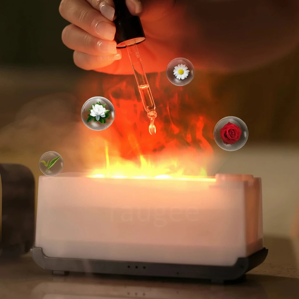 Humidificador y difusor de aroma mini con luz LED y efecto llama.
