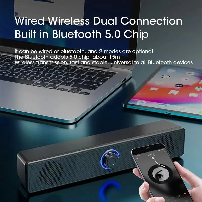 Barra de sonido portátil e inalámbrica con conectividad Bluetooth y por cable.