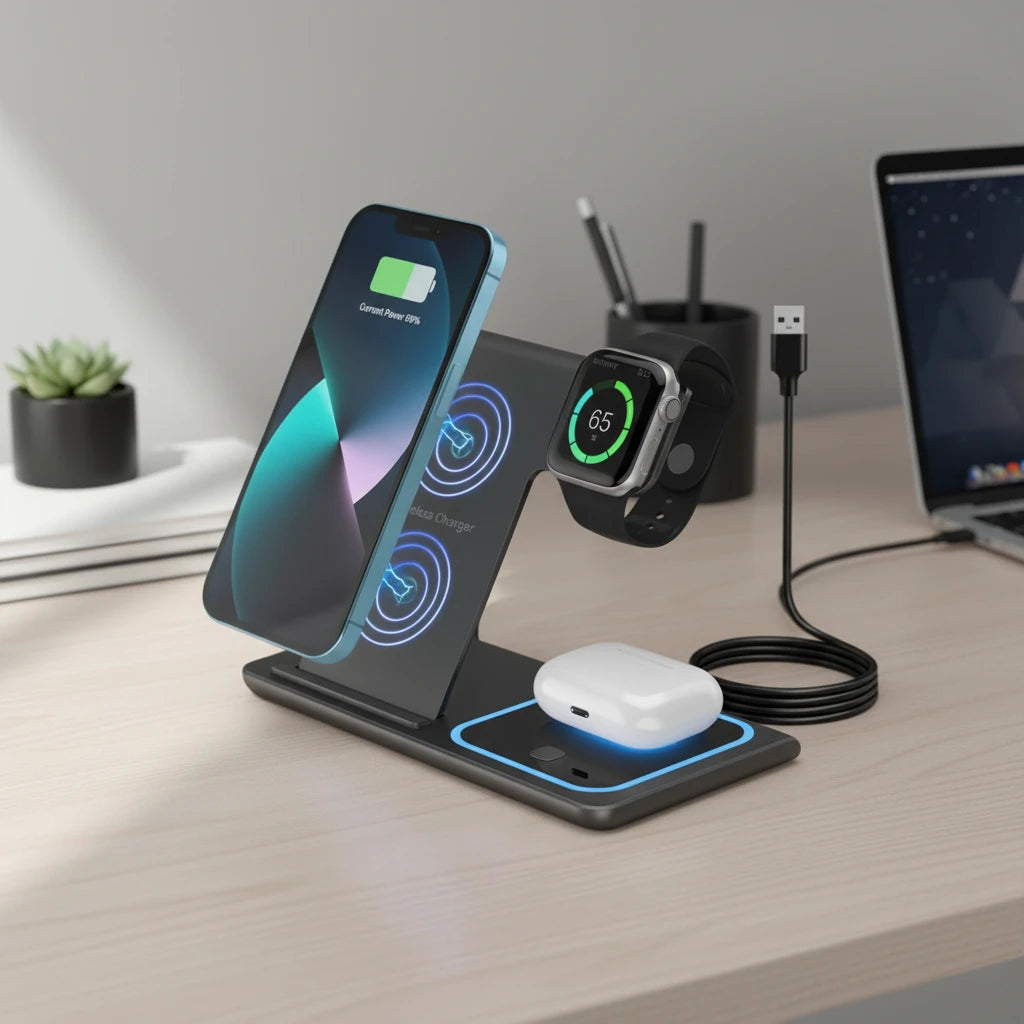 Estación de Carga Inalámbrica 3 en 1 GEKEMAL para iPhone, Apple Watch y AirPods.