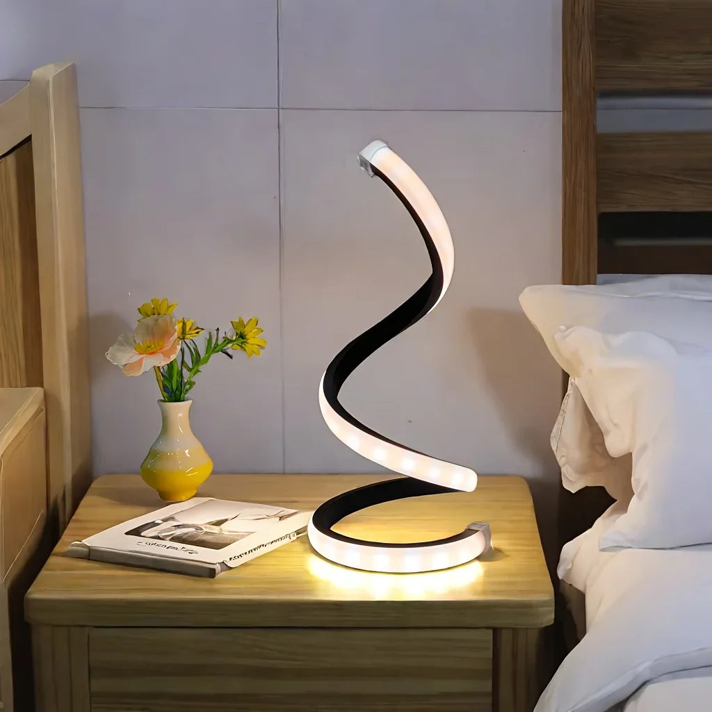 Lámpara de mesa LED en espiral regulable para lectura, dormitorio u oficina.