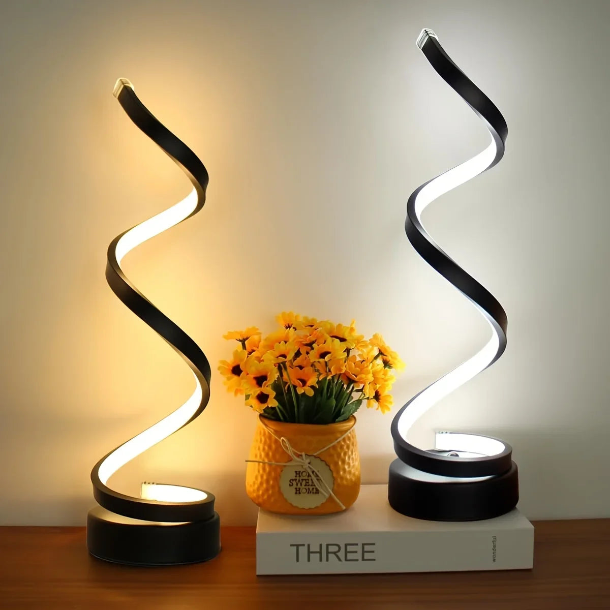 Lámpara de mesa LED en espiral regulable para lectura, dormitorio u oficina.