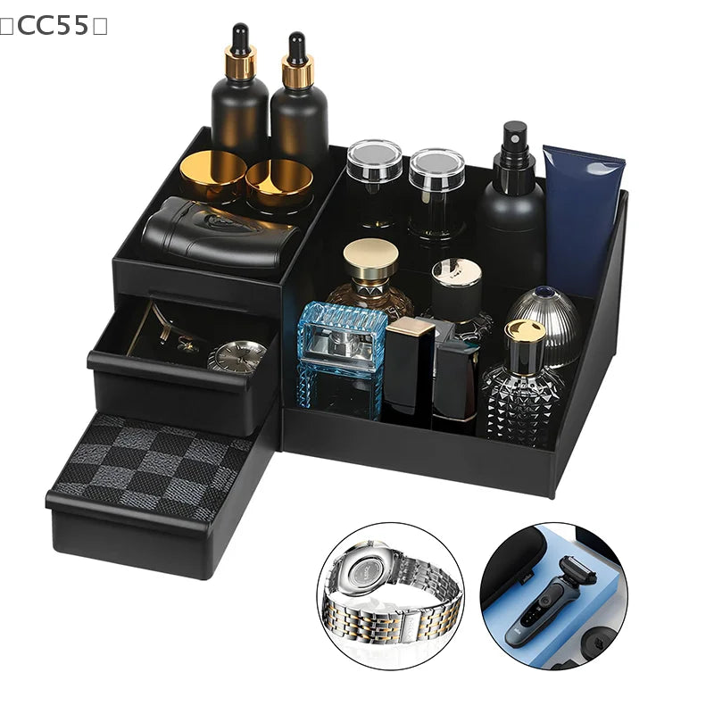 Organizador de colonias y perfumes para hombre con cajones.