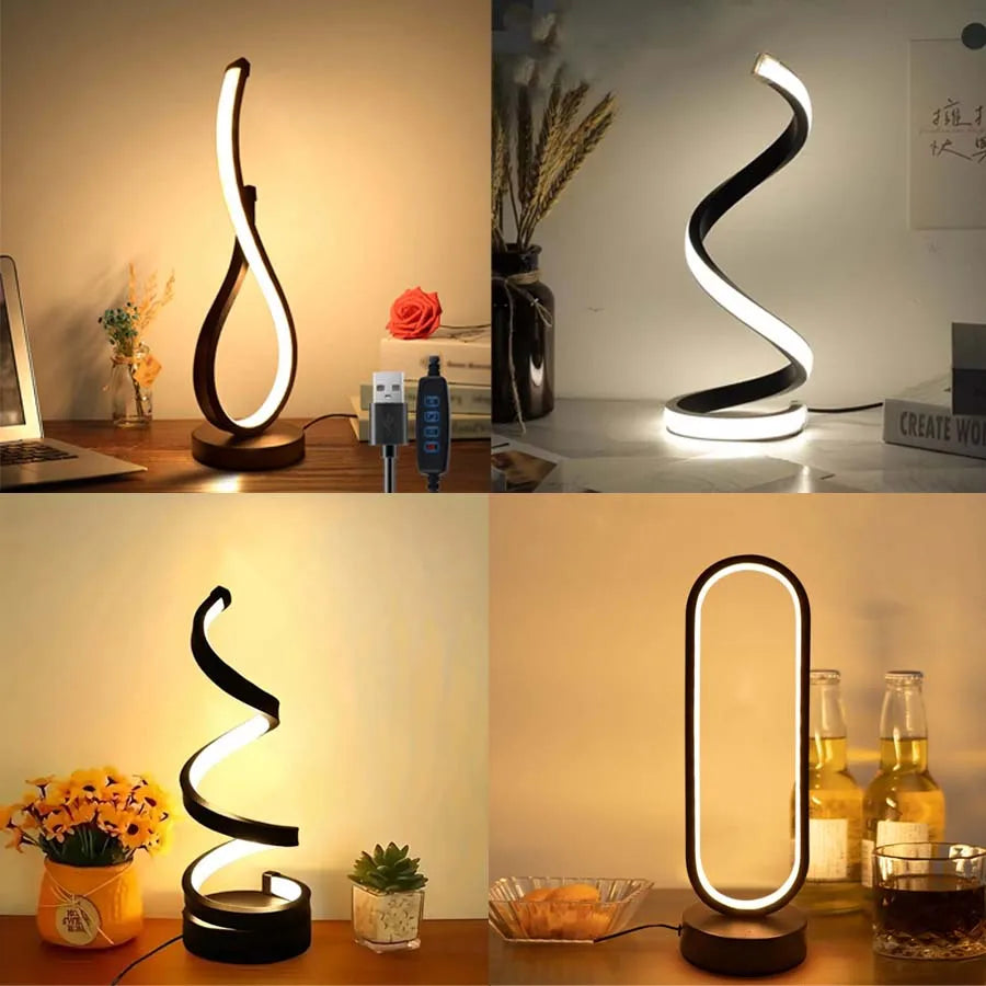 Lámpara de mesa LED en espiral regulable para lectura, dormitorio u oficina.
