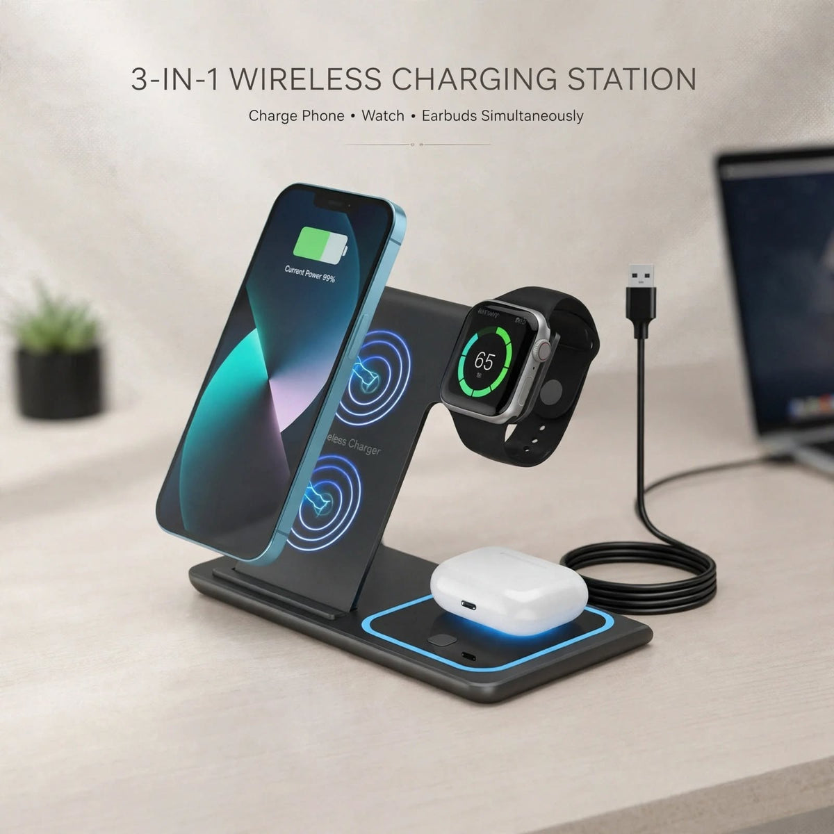 Estación de Carga Inalámbrica para iPhone, Apple Watch y AirPods.